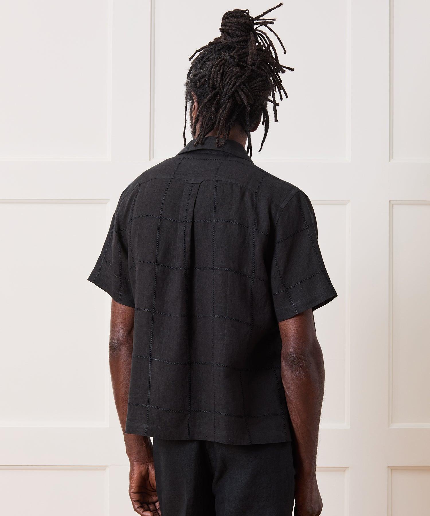 Cropped Embroidered Linen Camp Collar Shirt Product Image