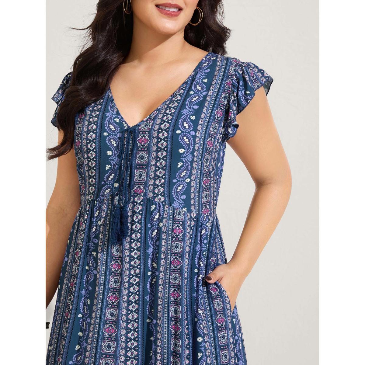 Plus Size Boho Stripes High Waisted Midi Dress DarkBlue Women Boho V-neck Sleeveless Curvy BloomChic 18-20/2X Product Image