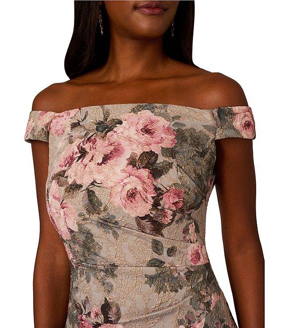 Adrianna Papell Floral Jacquard Off-The-Shoulder Cap Sleeve Front Slit Hem Column Dress Product Image