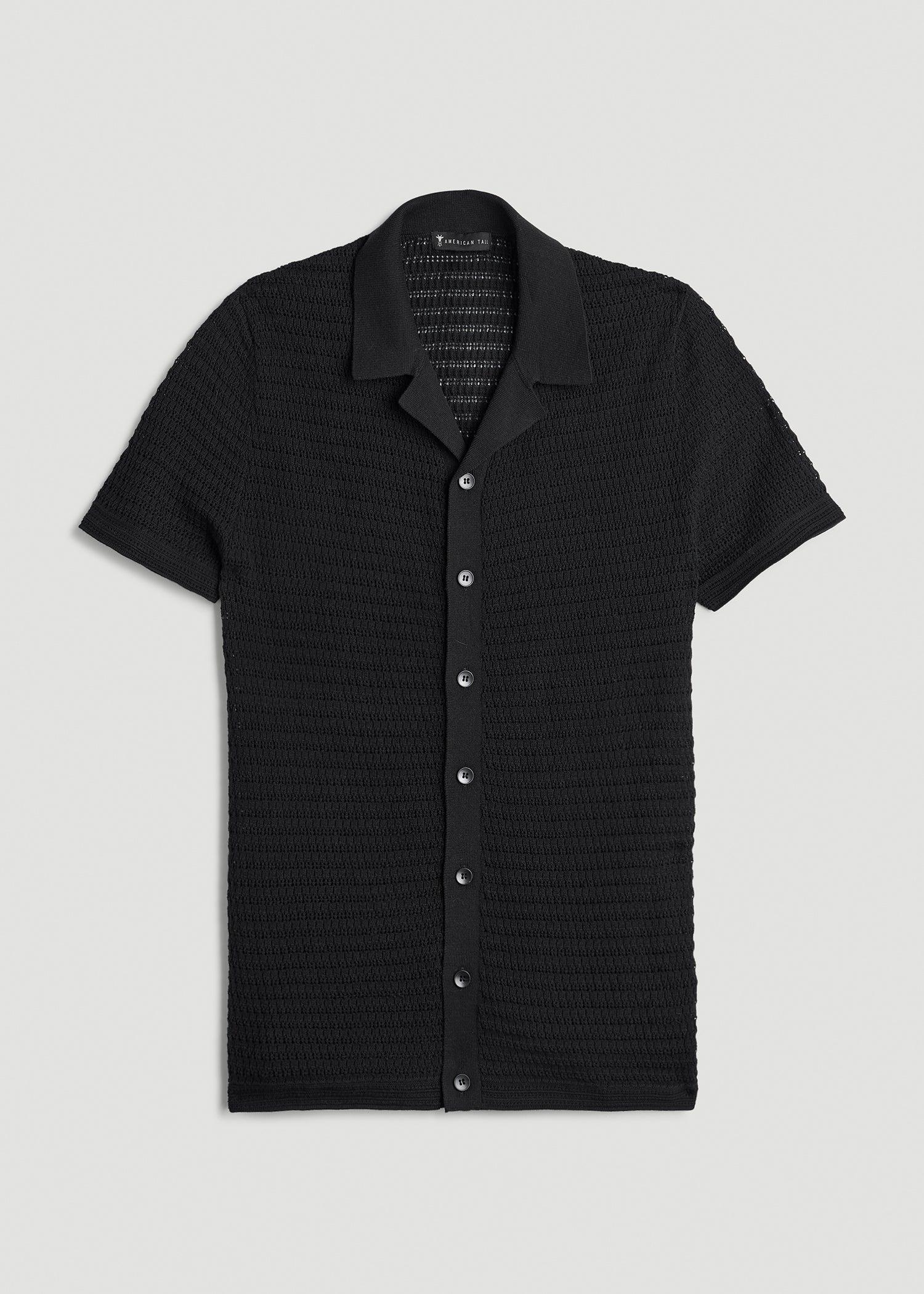 Short Sleeve Crochet Polo Cardigan for Tall Men in Black Male Product Image