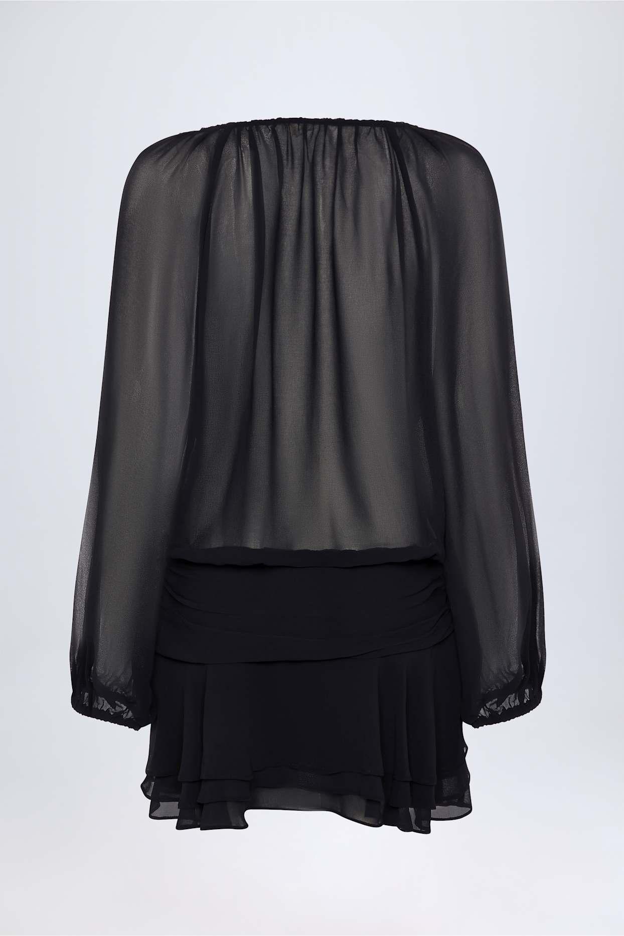 Lace-Up Balloon-Sleeve Mini Dress in Black Product Image