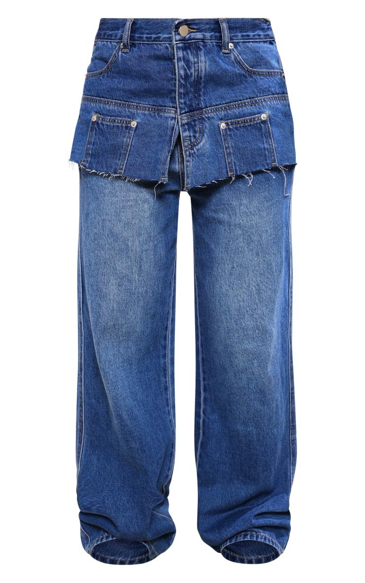 Indigo Layered Exposed Pocket Wide Leg Jeans Product Image