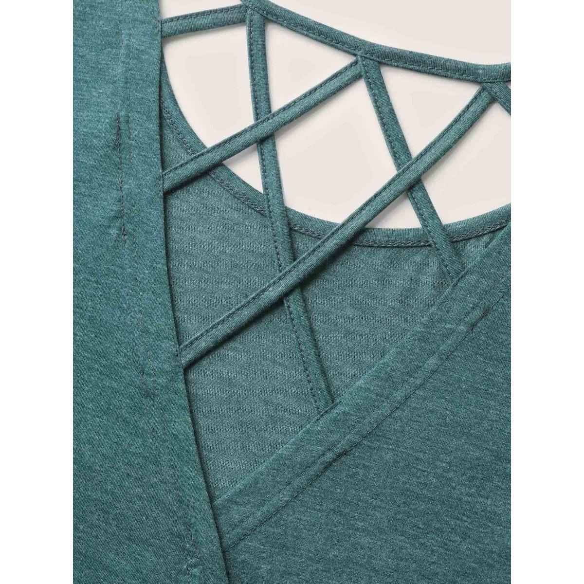 Plus Size Backless Crisscross Solid T-Shirt DarkGreen Women Leisure Overlapping Round Neck Casual T-shirts BloomChic 18-20/2X Product Image