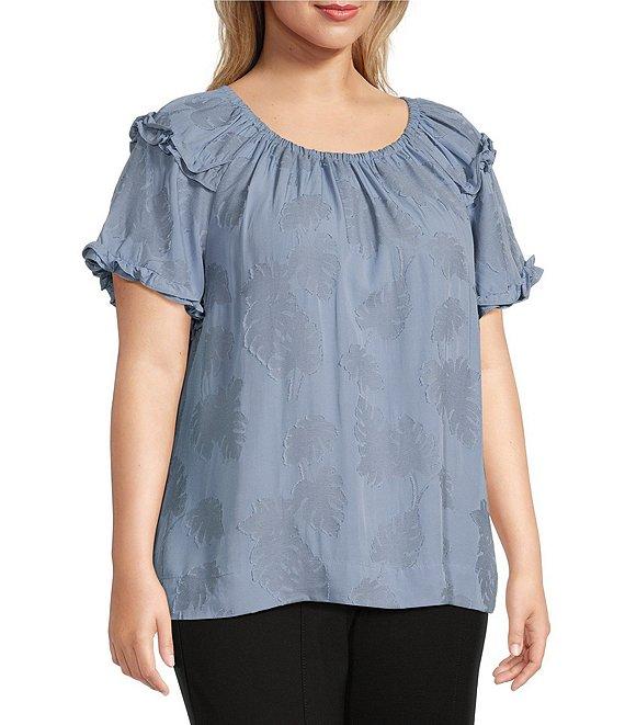 Slim Factor By Investments Plus Size Heidi Palm Jacquard Elastic Crew Neckline Short Sleeve Top Product Image