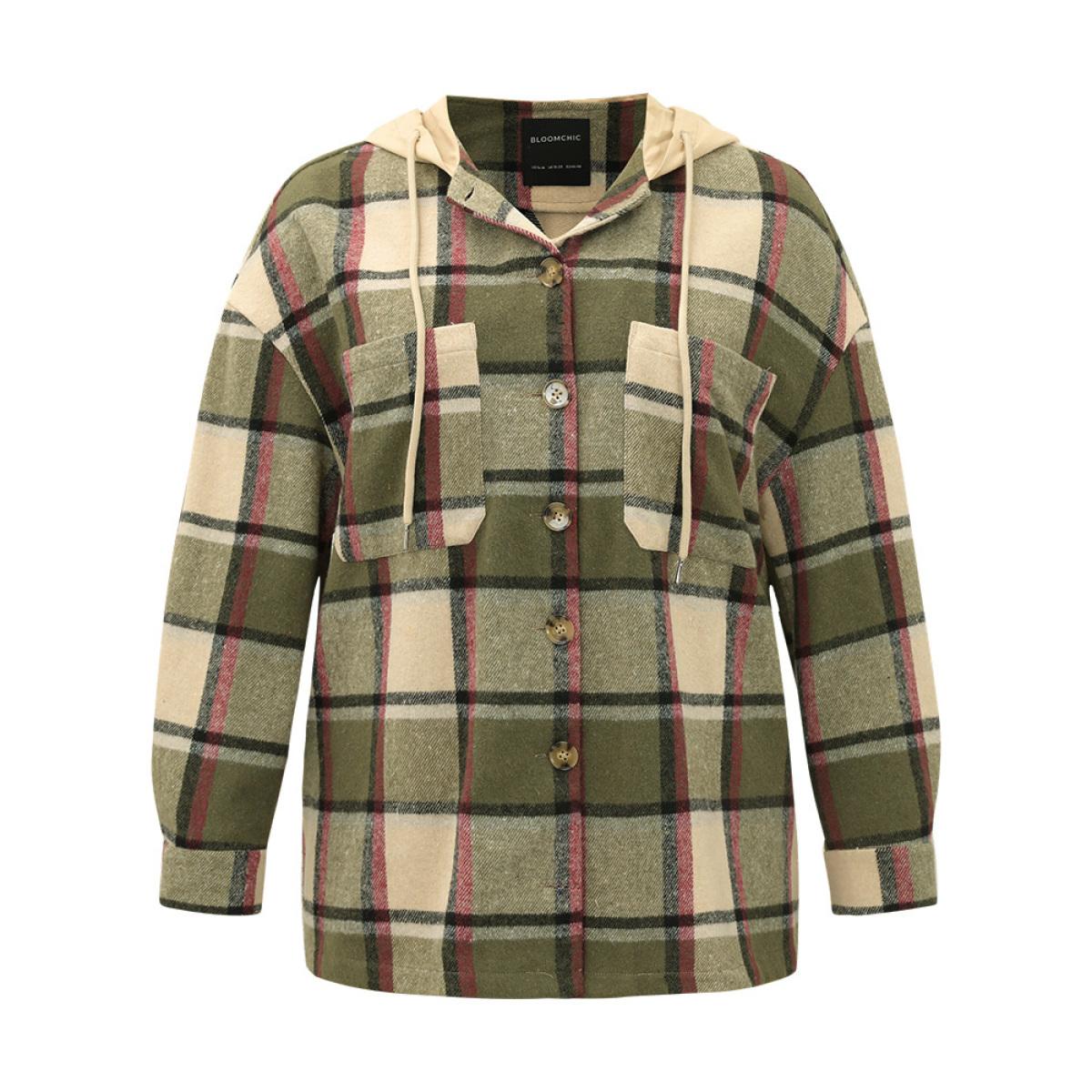 Plus Size Plaid Hooded Drawstring Pocket Coat Women Multicolor Contrast Pocket Dailywear Jackets BloomChic 18-20/2X Product Image