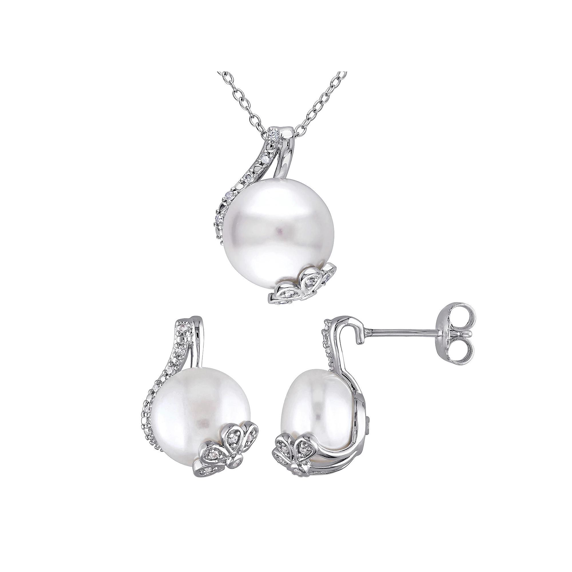 Stella Grace Sterling Silver Freshwater Cultured Pearl & 1/5 Carat T.W. Diamond Pendant & Earring Set, Women's, Size: 18" Product Image