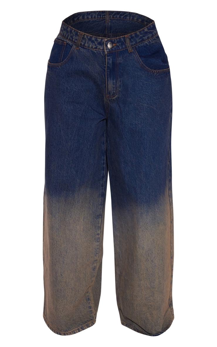 Dark Blue Wash Ombre Low Rise Wide Leg Jeans Product Image