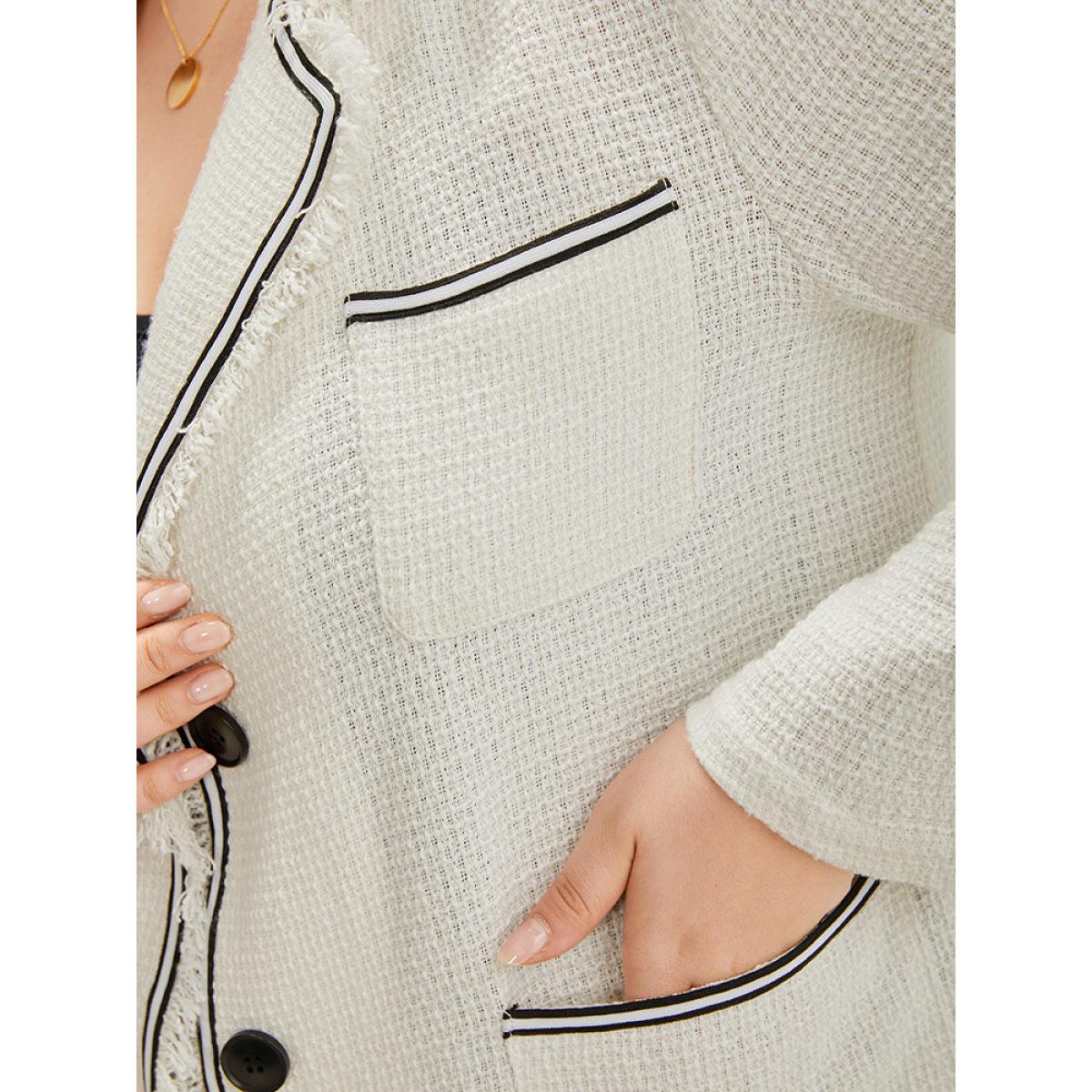 Plus Size Lapel Collar Tweed Contrast Fuzzy Trim Blazer White Women Office Plain Texture Sleeve Long Sleeve Lapel Collar 18-20/2X Pocket Office Blazers BloomChic Product Image