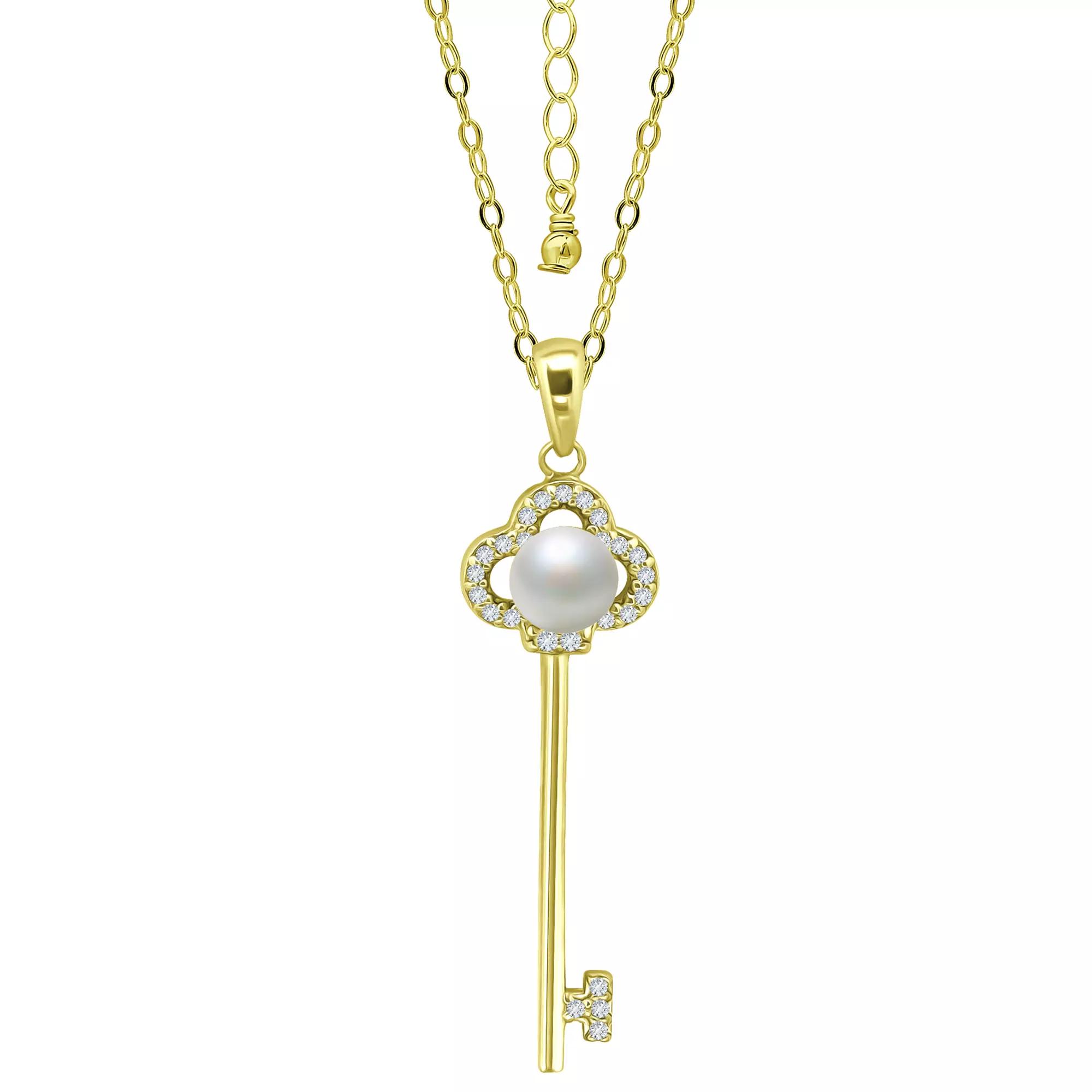 Aleure Precioso Sterling Silver Cubic Zirconia & Freshwater Cultured Pearl Key Pendant Necklace, Women's, Size: 18", Gold Tone Product Image