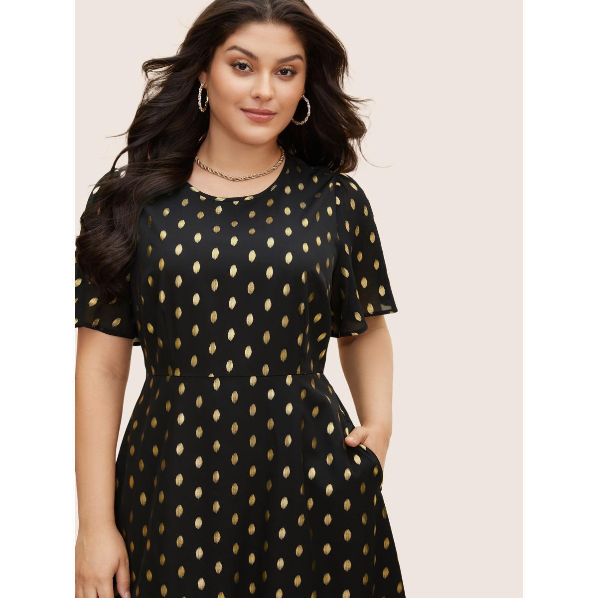 Plus Size Glitter Polka Dot Patchwork Ruffles Dress Black Women Cocktail See through Round Neck Short sleeve Curvy BloomChic 14-16/1X Product Image