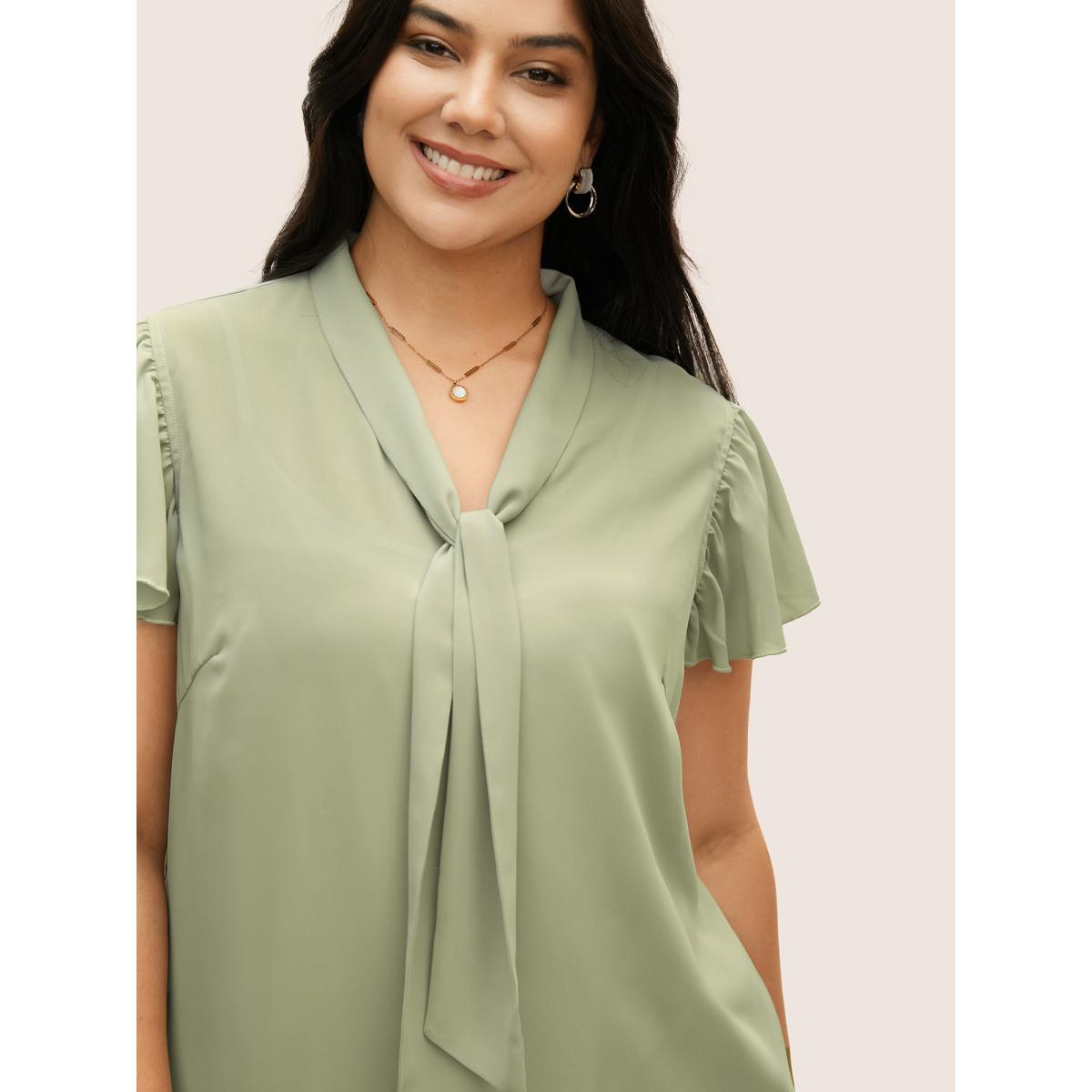 Plus Size Palemauve Ribbon Tied Collar Ruffle Sleeve Blouse Women At the Office Short sleeve Ribbon-tied collar Work Blouses BloomChic 10/M Product Image