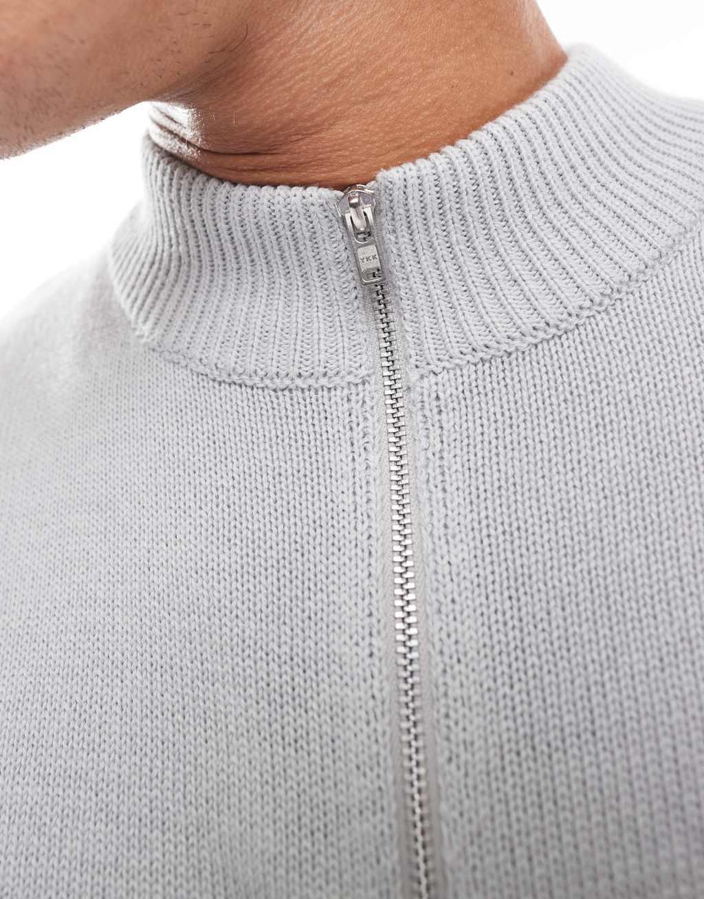 ASOS DESIGN midweight knitted quarter zip sweater in light gray Product Image