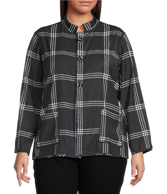 Ali Miles Plus Size Woven Abstract Multi Print Stand Collar 3/4 Sleeve Reversible Jacket Product Image