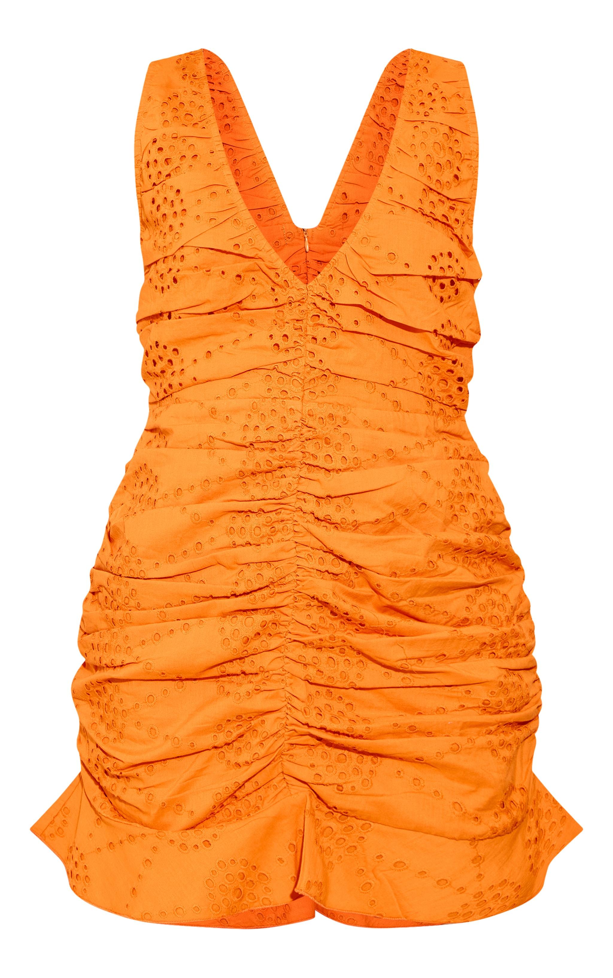 Orange Broderie Plunge Ruched Frill Hem Bodycon Dress Product Image