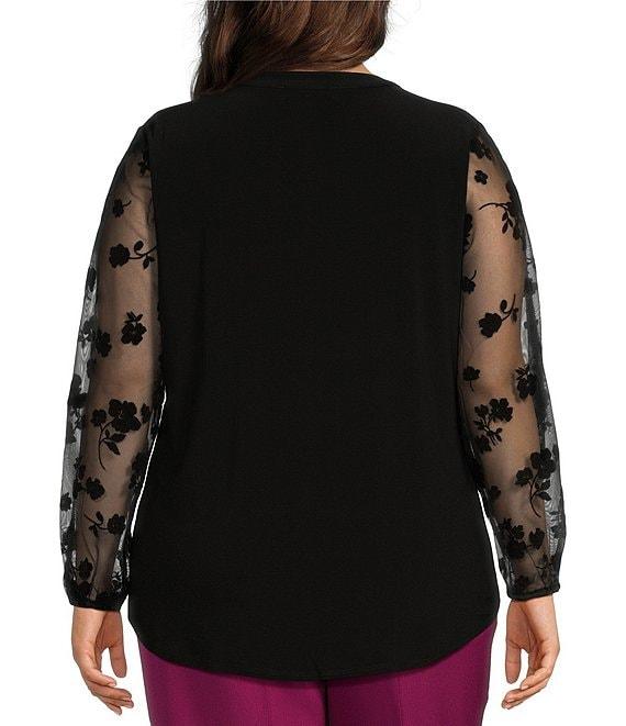 Kasper Plus Size Mix Media Split Neck Mesh Long Sleeve Top Product Image