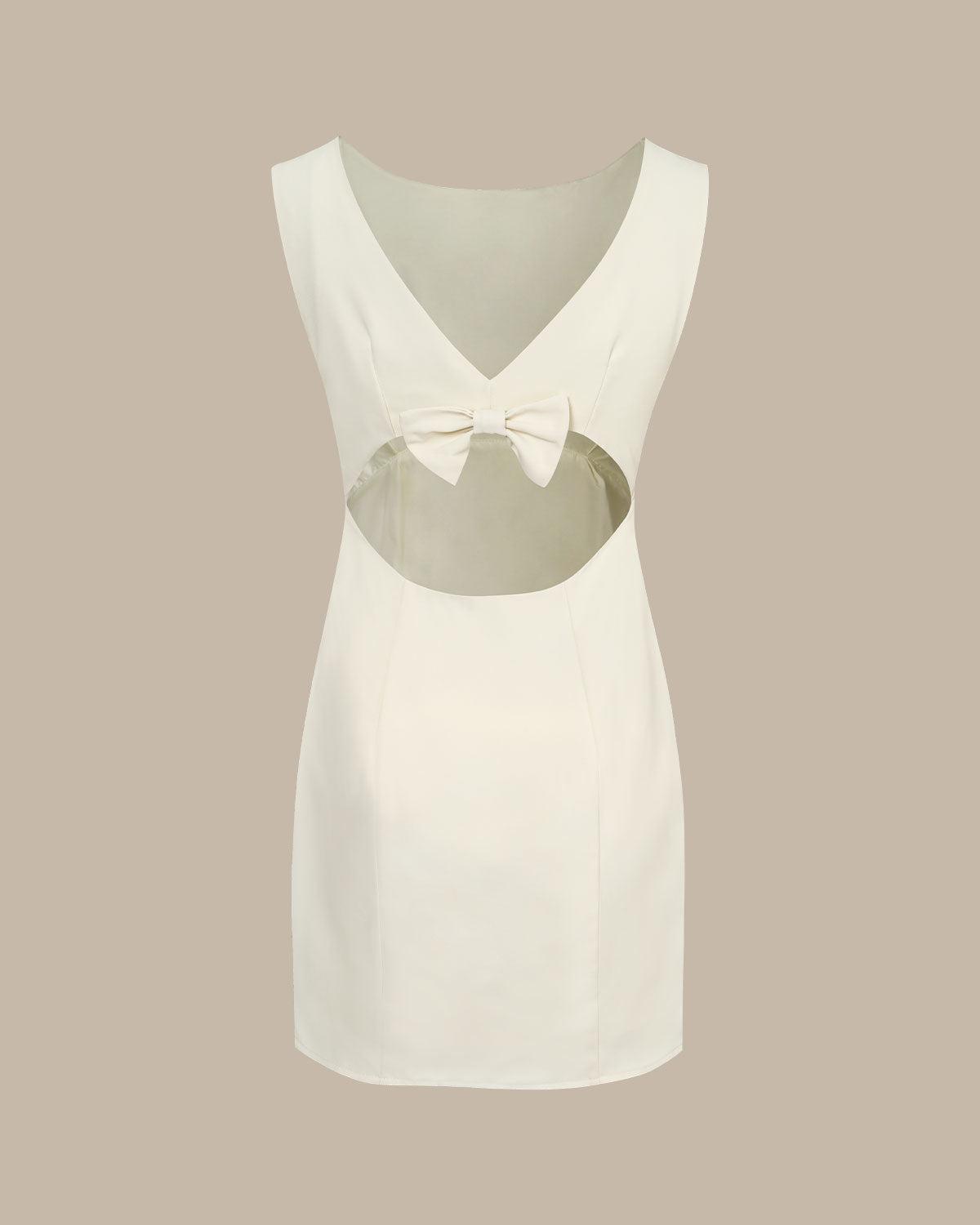 The Beige Boat Neck Back Bowknot Mini Dress Product Image