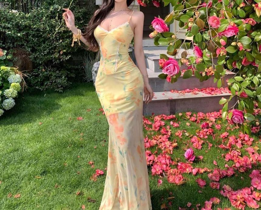 Spaghetti Strap V-Neck Floral Print Maxi Dress Product Image