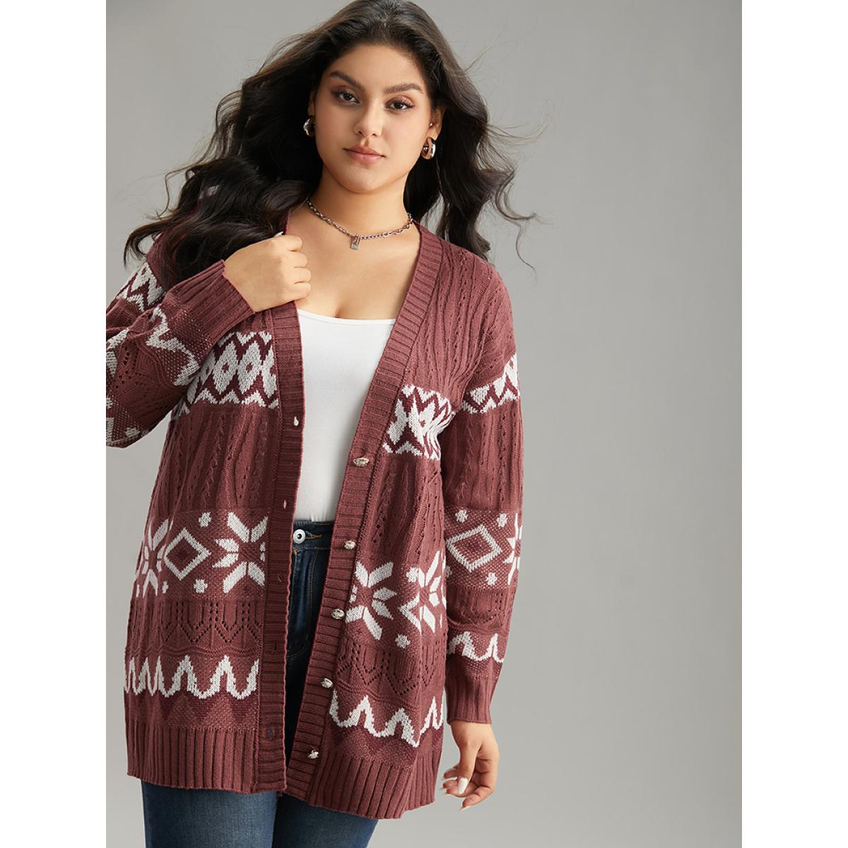 Plus Size Bandana Print Eyelet Metal Button Fly Cardigan Rust Women Casual Loose Long Sleeve Dailywear Cardigans BloomChic 30/6X Product Image