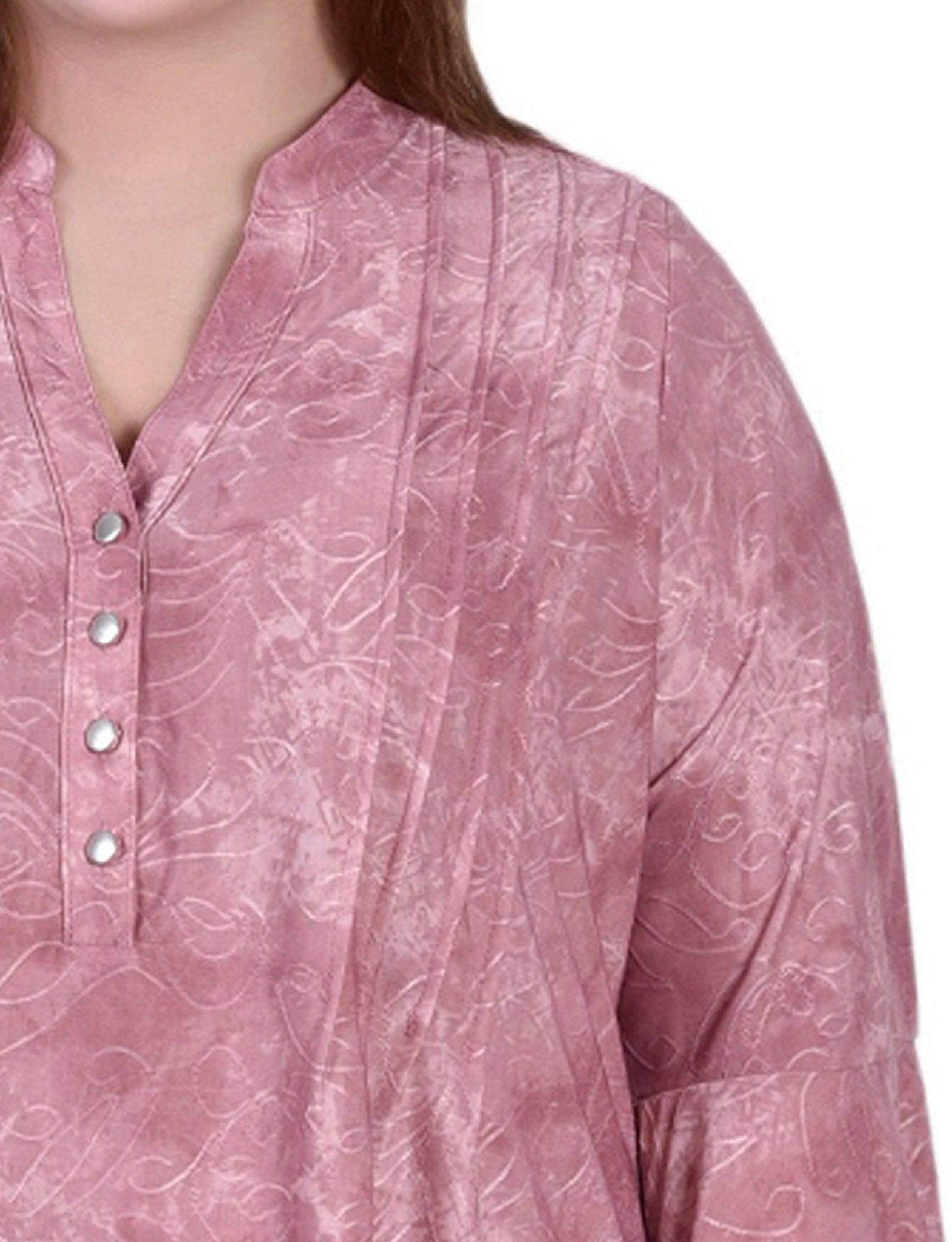 Mauve Tie Dye 3/4 Bell Sleeve Pleat Front Y Neck Top - Plus Product Image