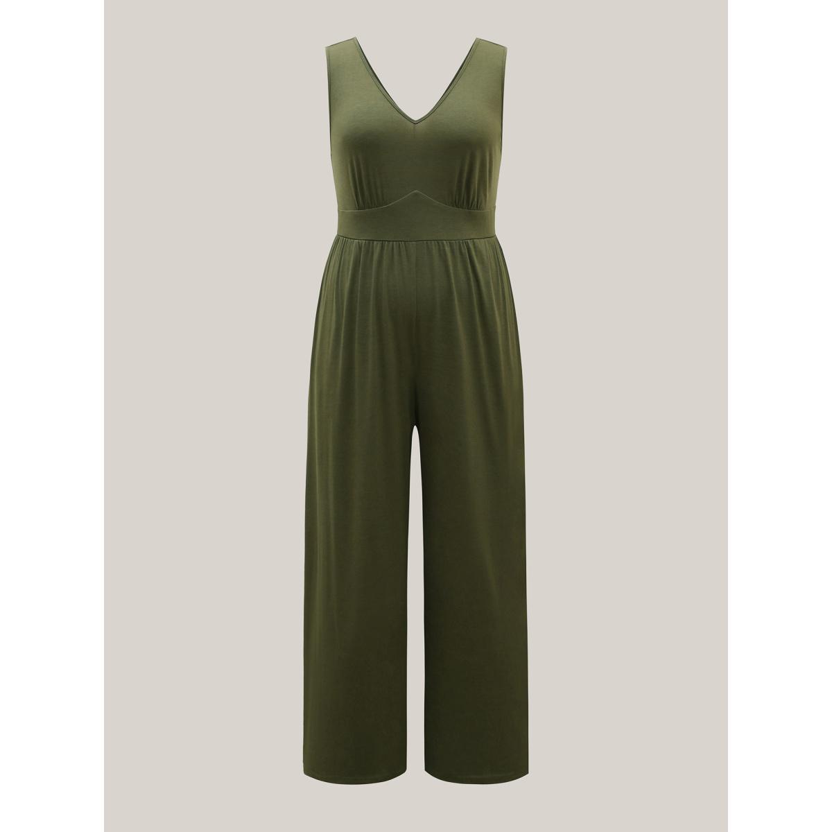 Plus Size ArmyGreen Stretchy Knit Pockets Cross Back Jumpsuit Women At the Office Sleeveless V-neck Office Loose Jumpsuits BloomChic 10/M Product Image