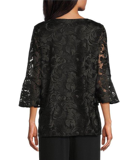 Caroline Rose Bella Soiree Embroidered Mesh Lace Scoop Neck 3/4 Bell Sleeve Tunic Product Image
