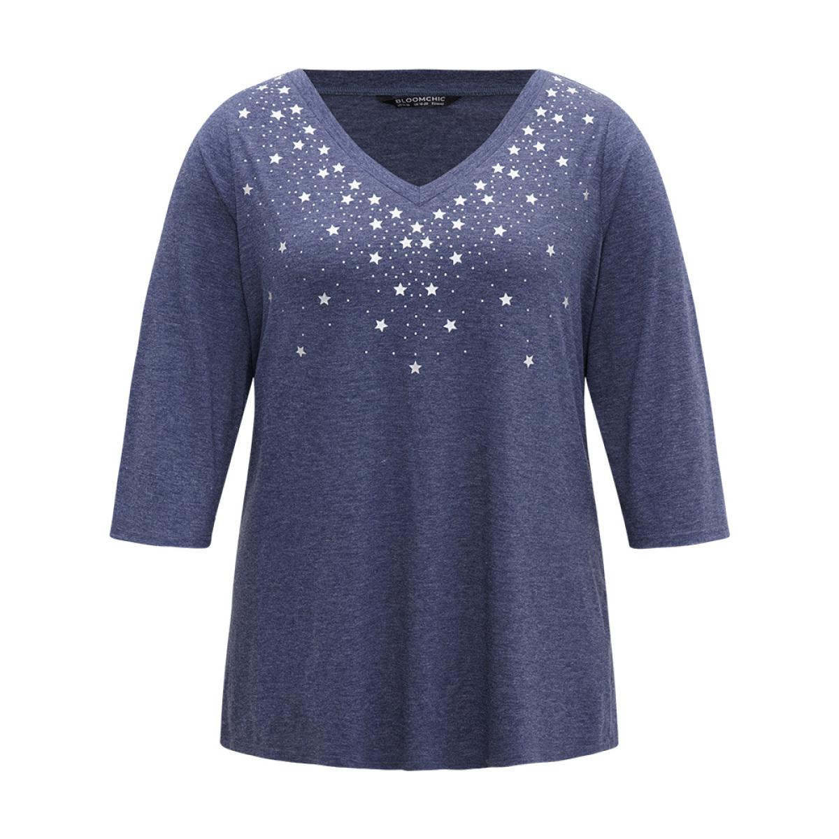 Plus Size Star Print V Neck T-shirt DarkBlue Women Casual Printed Star and moon V-neck Dailywear T-shirts BloomChic 26/4X Product Image