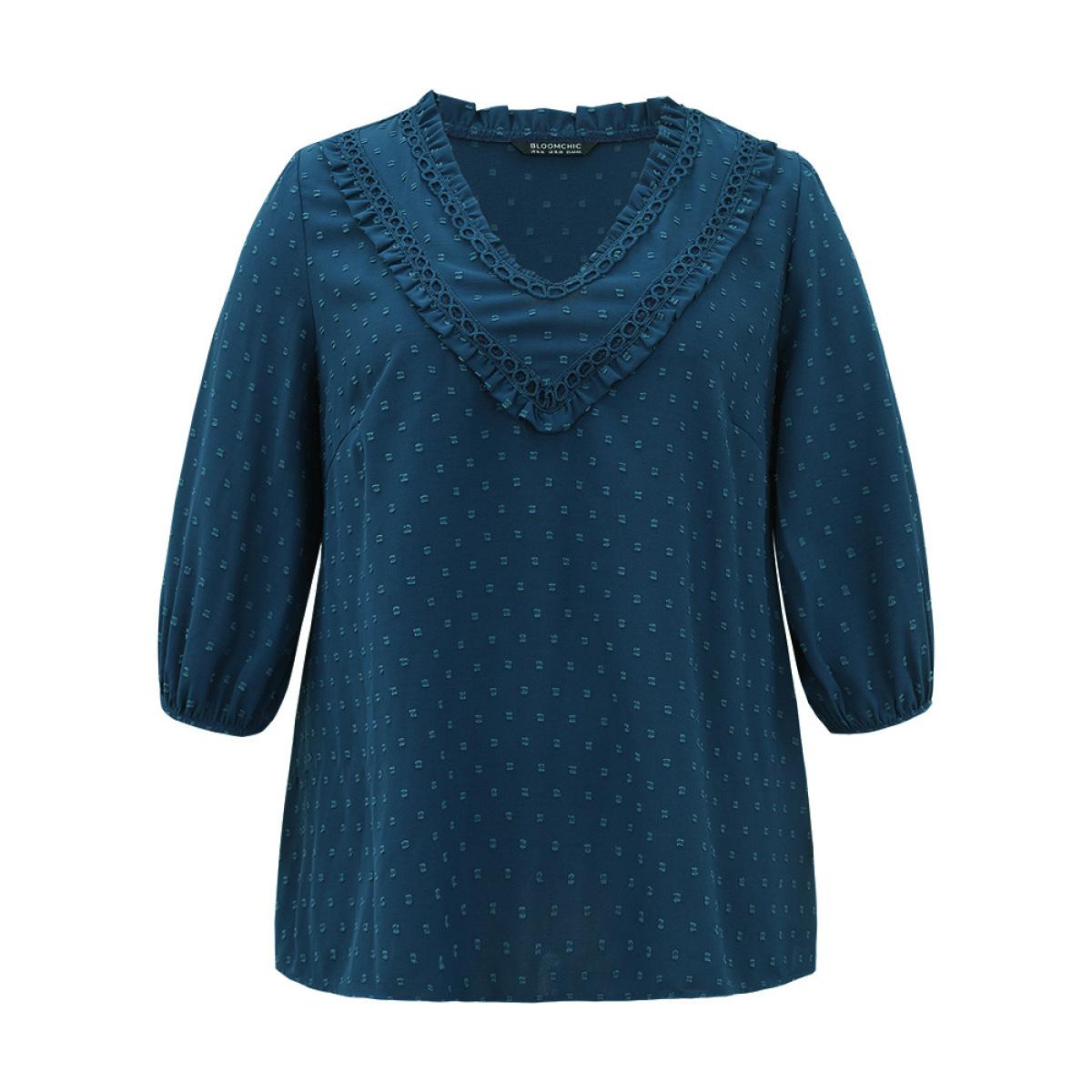 Plus Size Indigo Polka Dot Frill Trim Lantern Sleeve Blouse Women Elegant Elbow-length sleeve V-neck Dailywear Blouses BloomChic 12/L Product Image