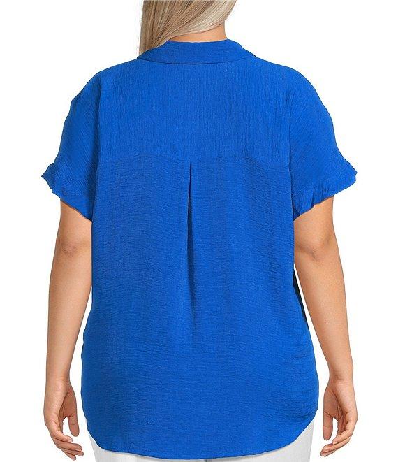 Investments Plus Size Woven Short Sleeve Point Collar Partial Button Front Top Product Image