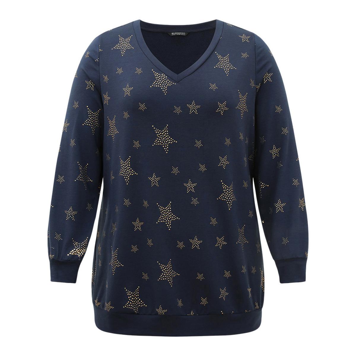 Plus Size Star Glitter Print V Neck Elastic Cuffs Sweatshirt Women Indigo Casual Elastic cuffs V-neck Dailywear Sweatshirts BloomChic 12/L Product Image