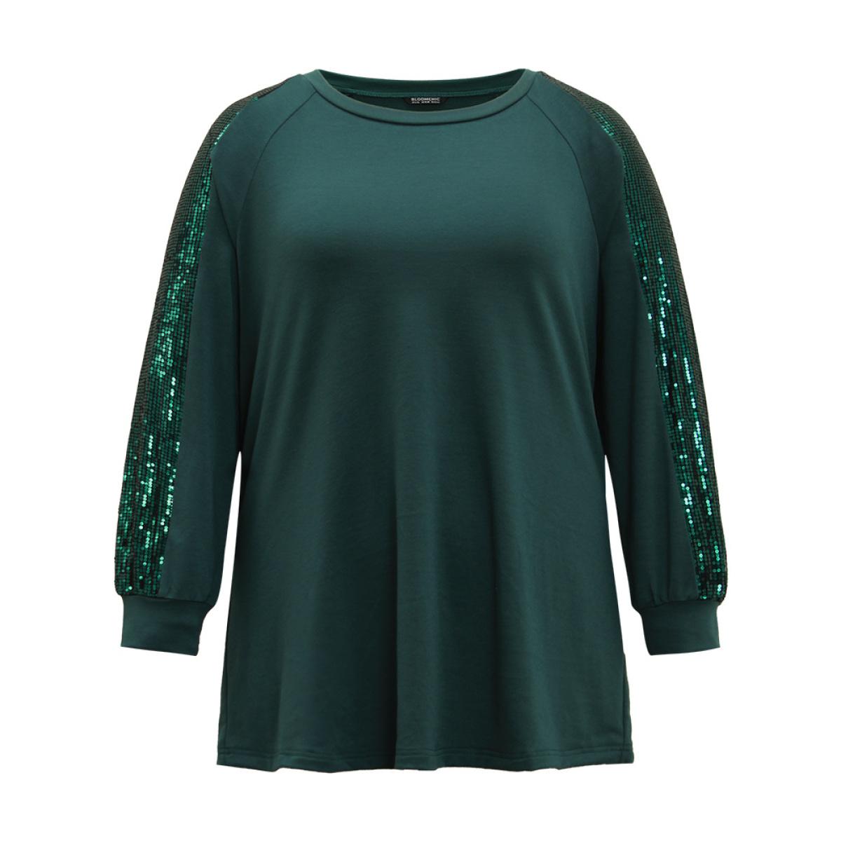 Plus Size Solid Sequin Patchwork Raglan Sleeve Sweatshirt Women DarkGreen Elegant Elastic cuffs Round Neck Dailywear Sweatshirts BloomChic 26/4X Product Image