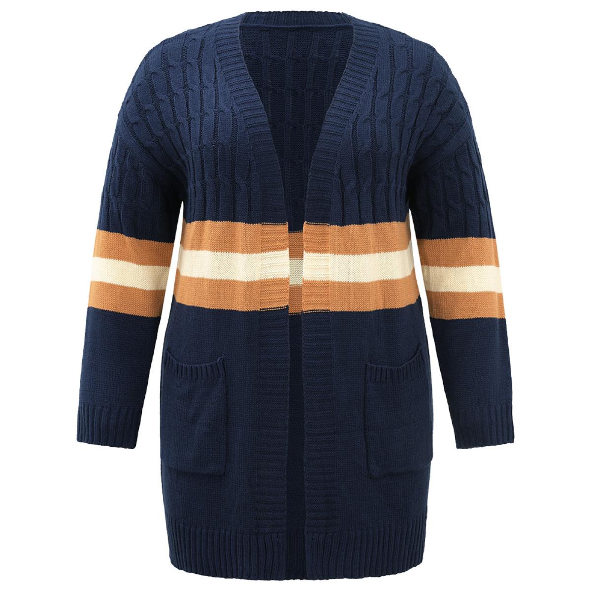 Plus Size Cable Knit Colorblock Contrast Open Front Cardigan Multicolor Women Casual Loose Long Sleeve Dailywear Cardigans BloomChic 28/5X Product Image