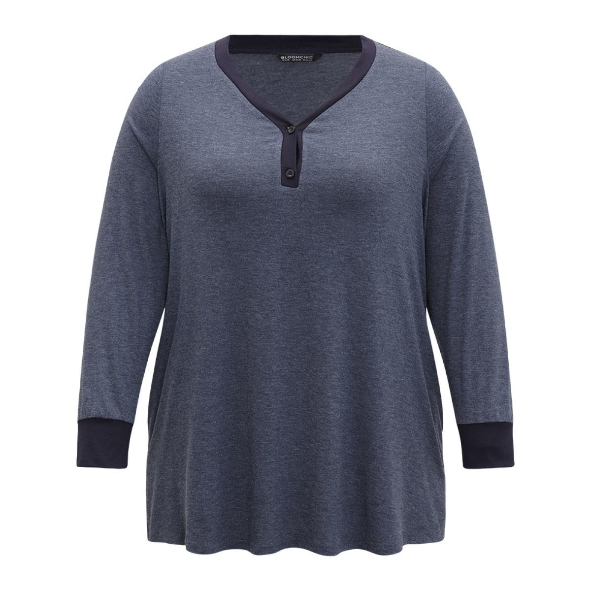 Plus Size V Neck Button Up Contrast Elastic Cuffs Pocket T-shirt Indigo Women Casual Elastic cuffs Plain V-neck Dailywear T-shirts BloomChic 28/5X Product Image
