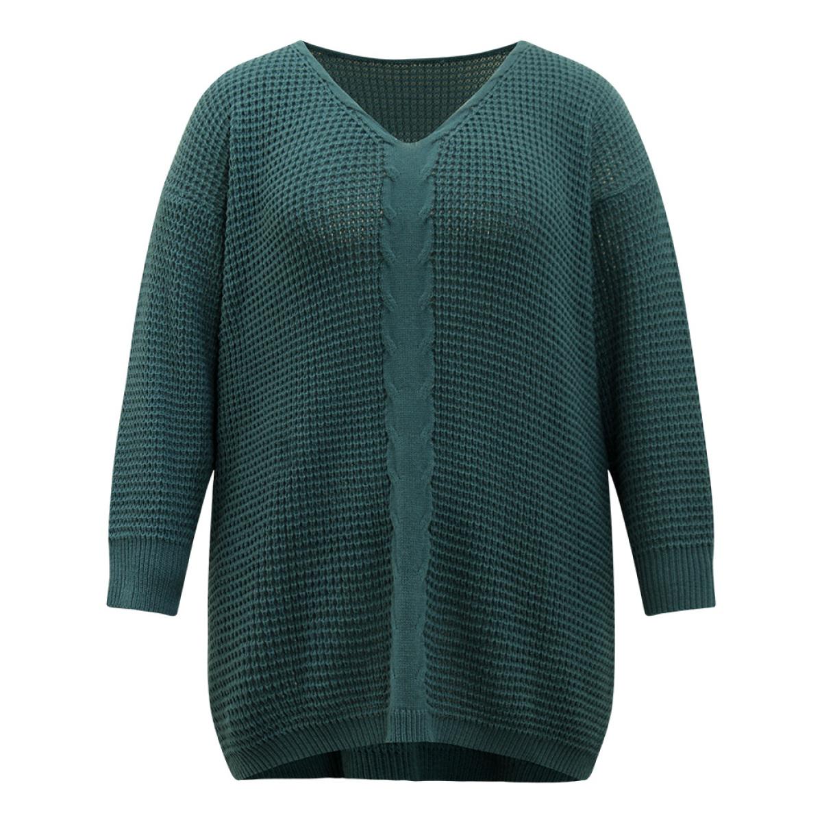 Plus Size Cable Knit Plain Elastic Cuffs Pullover Cyan Women Casual Loose Long Sleeve V-neck Dailywear Pullovers BloomChic 18-20/2X Product Image