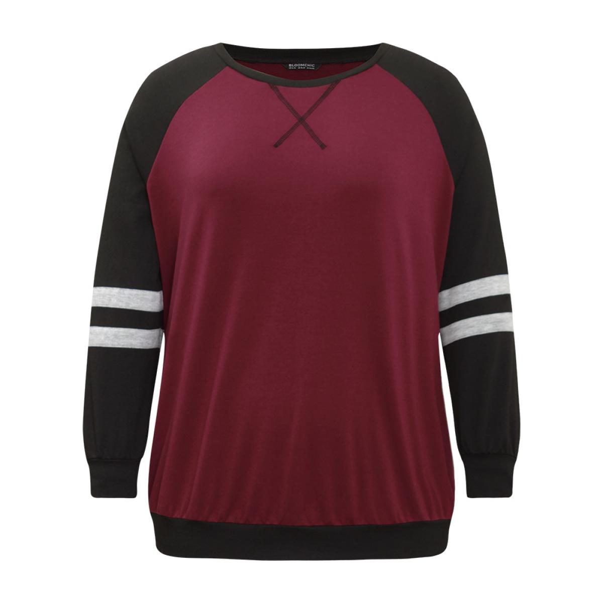 Plus Size Striped Contrast Raglan Sleeve Stitch Sweatshirt Women Burgundy Casual Contrast Round Neck Everyday Sweatshirts BloomChic 12/L Product Image