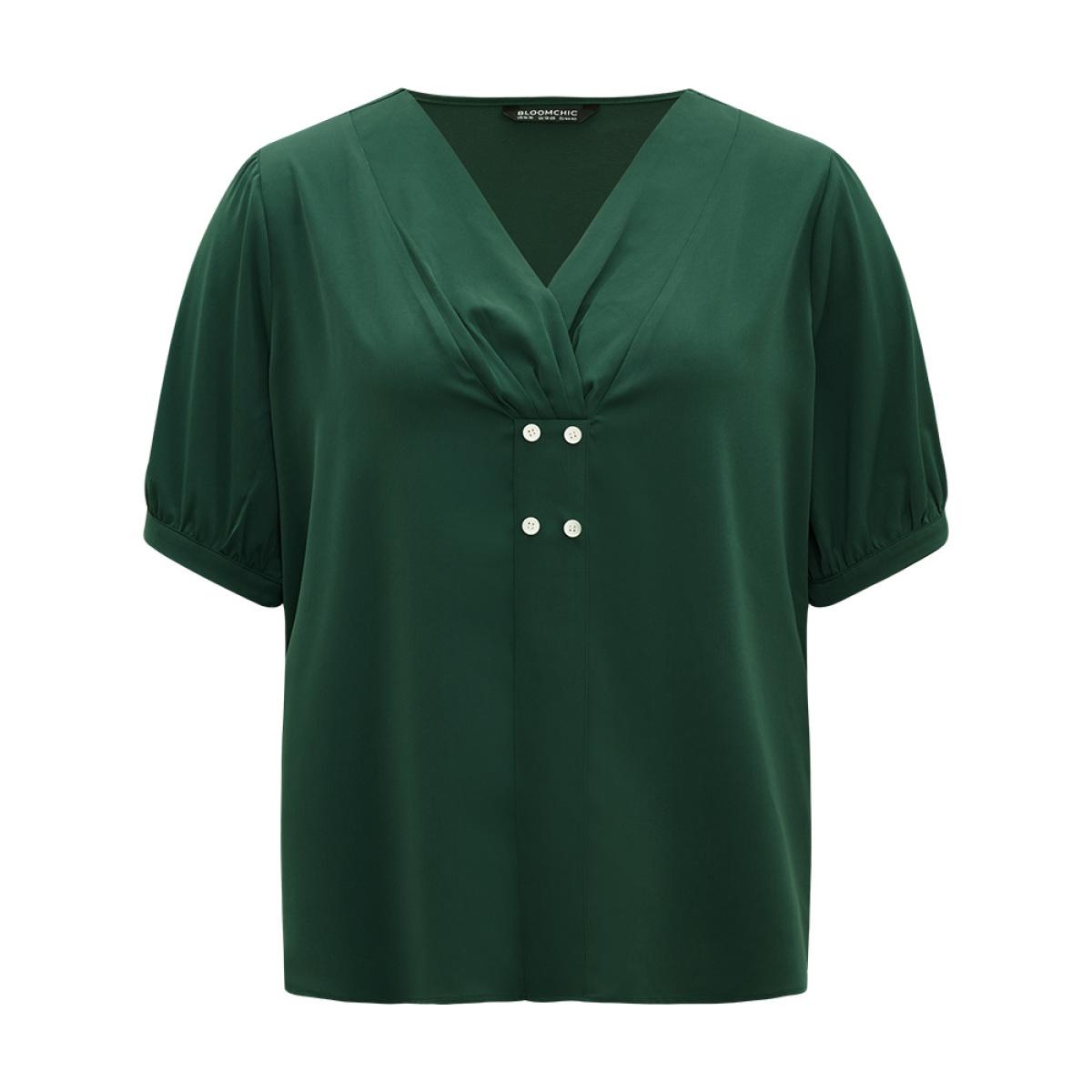 Plus Size DarkGreen Button Detail Plicated Detail Blouse Women Office Half Sleeve V-neck Work Blouses BloomChic 30/6X Product Image