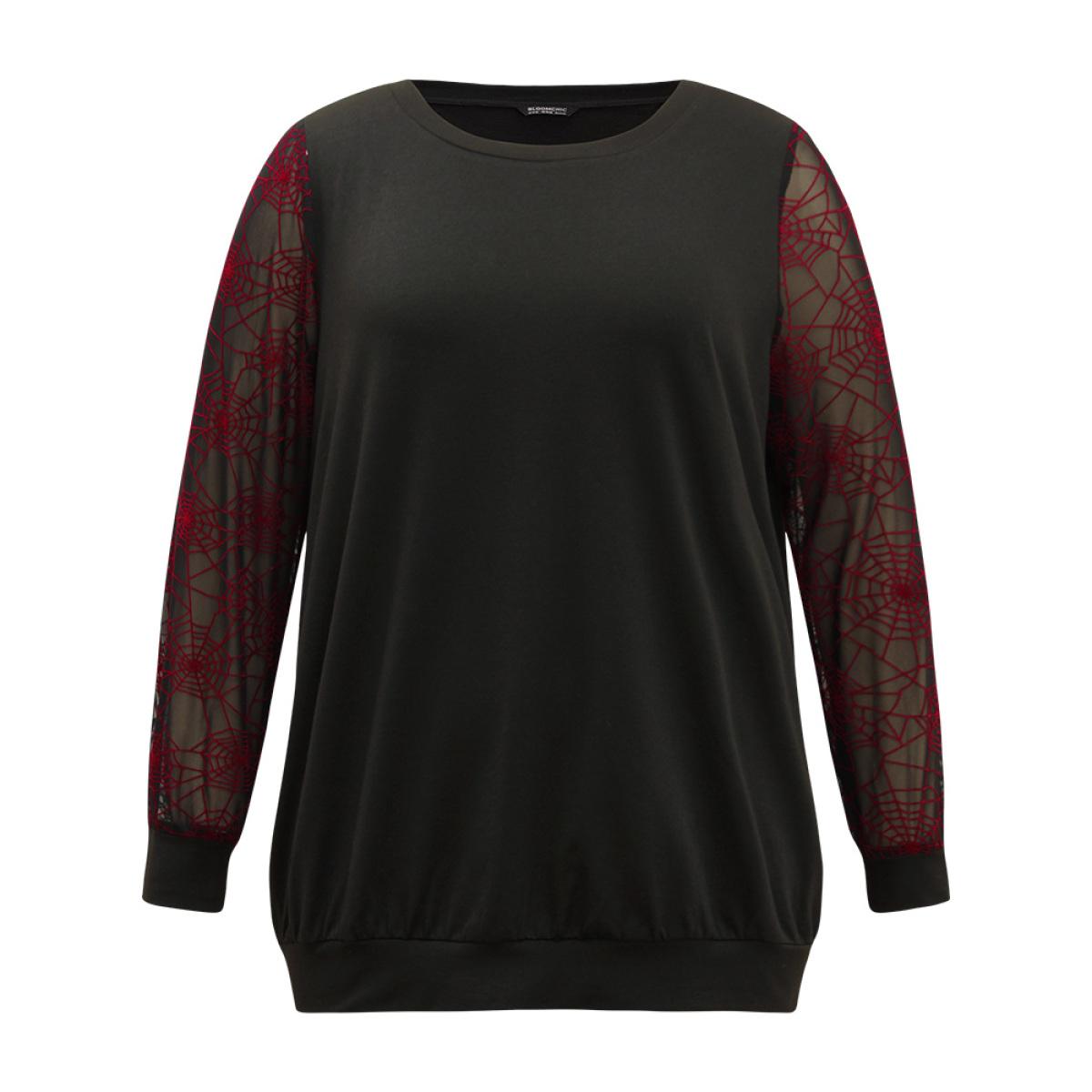 Plus Size Halloween Spider Web Mesh Patchwork Round Neck Sweatshirt Women Black Elegant Elastic cuffs Round Neck Festival-Halloween Sweatshirts BloomChic 26/4X Product Image