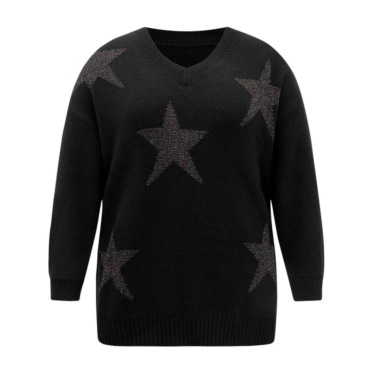 Plus Size V Neck Plain Star Luxe Pullover Black Women Casual Loose Long Sleeve V-neck Dailywear Pullovers BloomChic 12/L Product Image