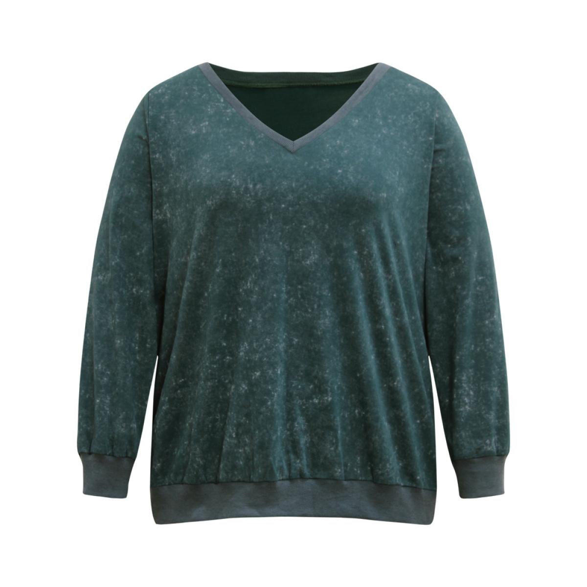 Plus Size Vintage Heather V Neck Rib Knit Sweatshirt Women DarkGreen Casual Rib Knit V-neck Dailywear Sweatshirts BloomChic 22-24/3X Product Image