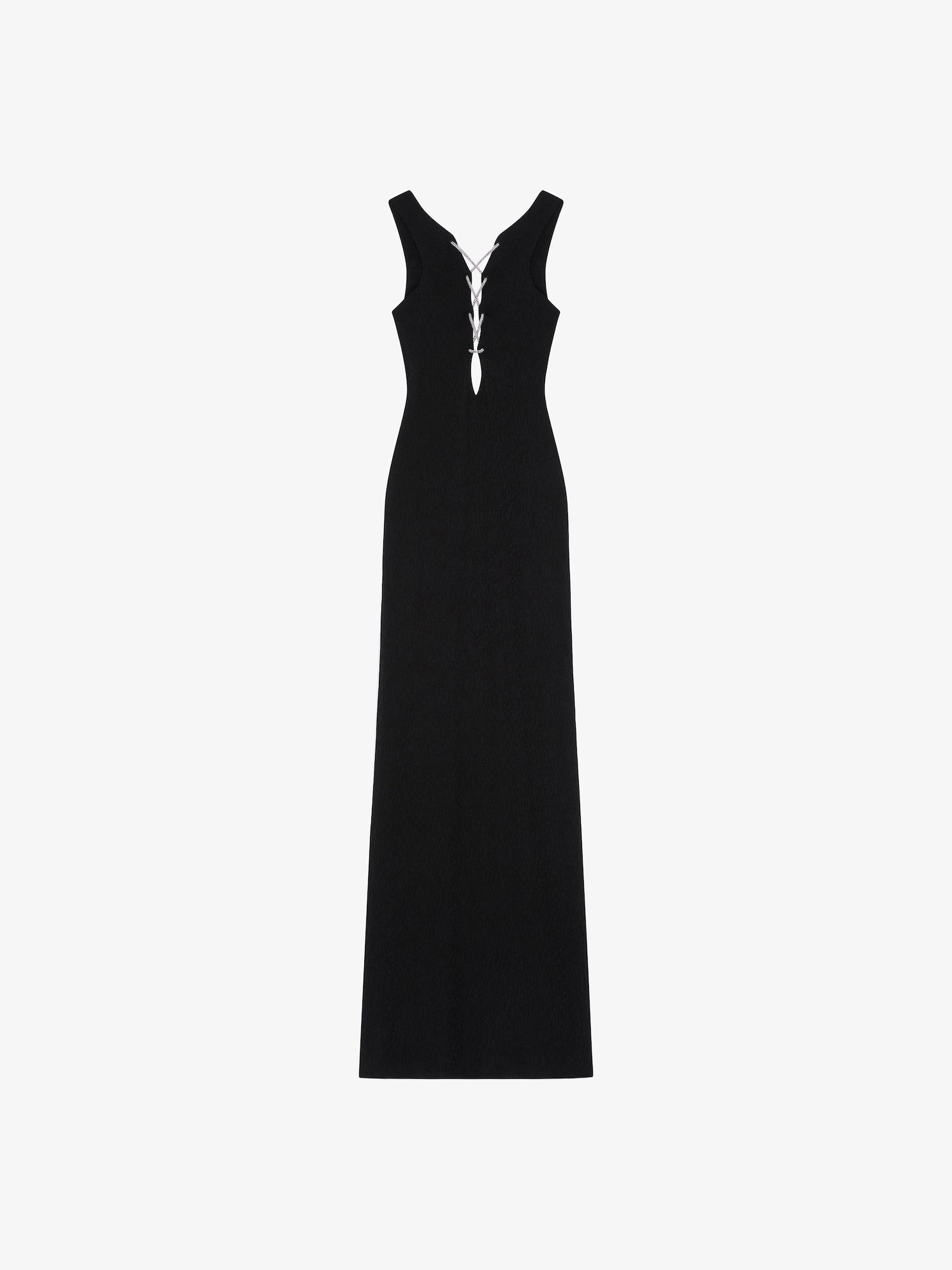 Evening dress in textured jersey with crystal laces Product Image