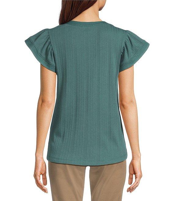 Democracy Petite Size Mix-Media Split V-Neck Cap Sleeve Shirttail Hem Knit Top Product Image