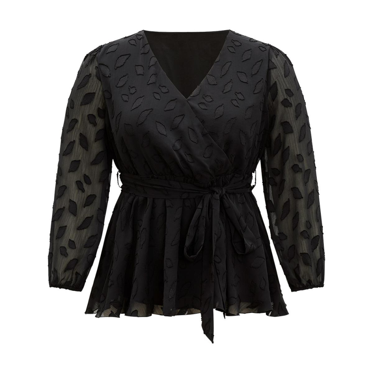 Plus Size Black Crochet Mesh Belted Gathered Wrap Lantern Sleeve Blouse Women Elegant Long Sleeve V-neck Dailywear Blouses BloomChic 22-24/3X Product Image