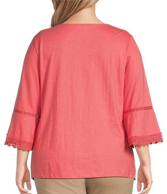 Allison Daley Plus Size Embroidered 3/4 Sleeve Split V-Neck Sweater Product Image