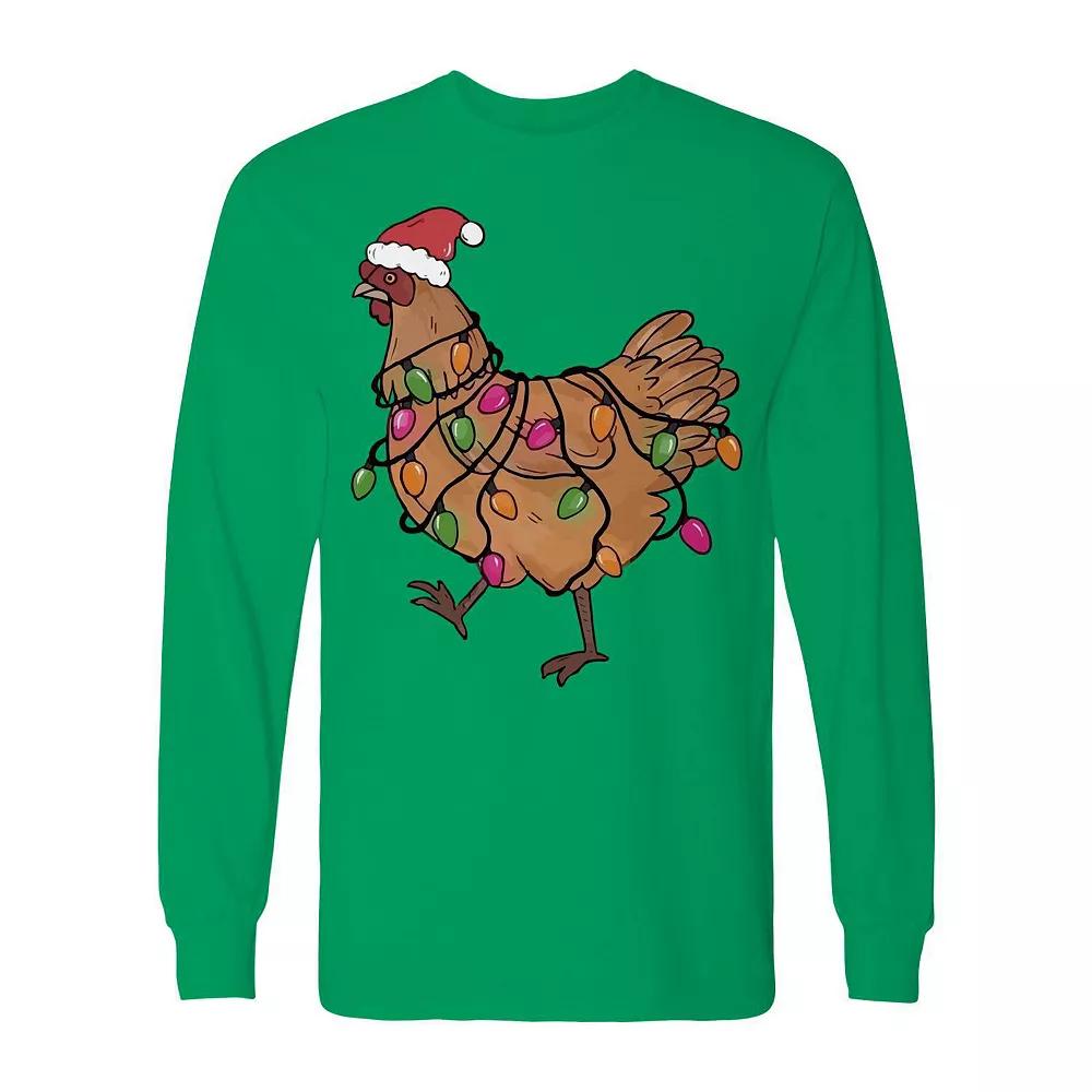 Men's Christmas Light Hen Long Sleeve Graphic Tee, Size: Large, Irish Green Product Image