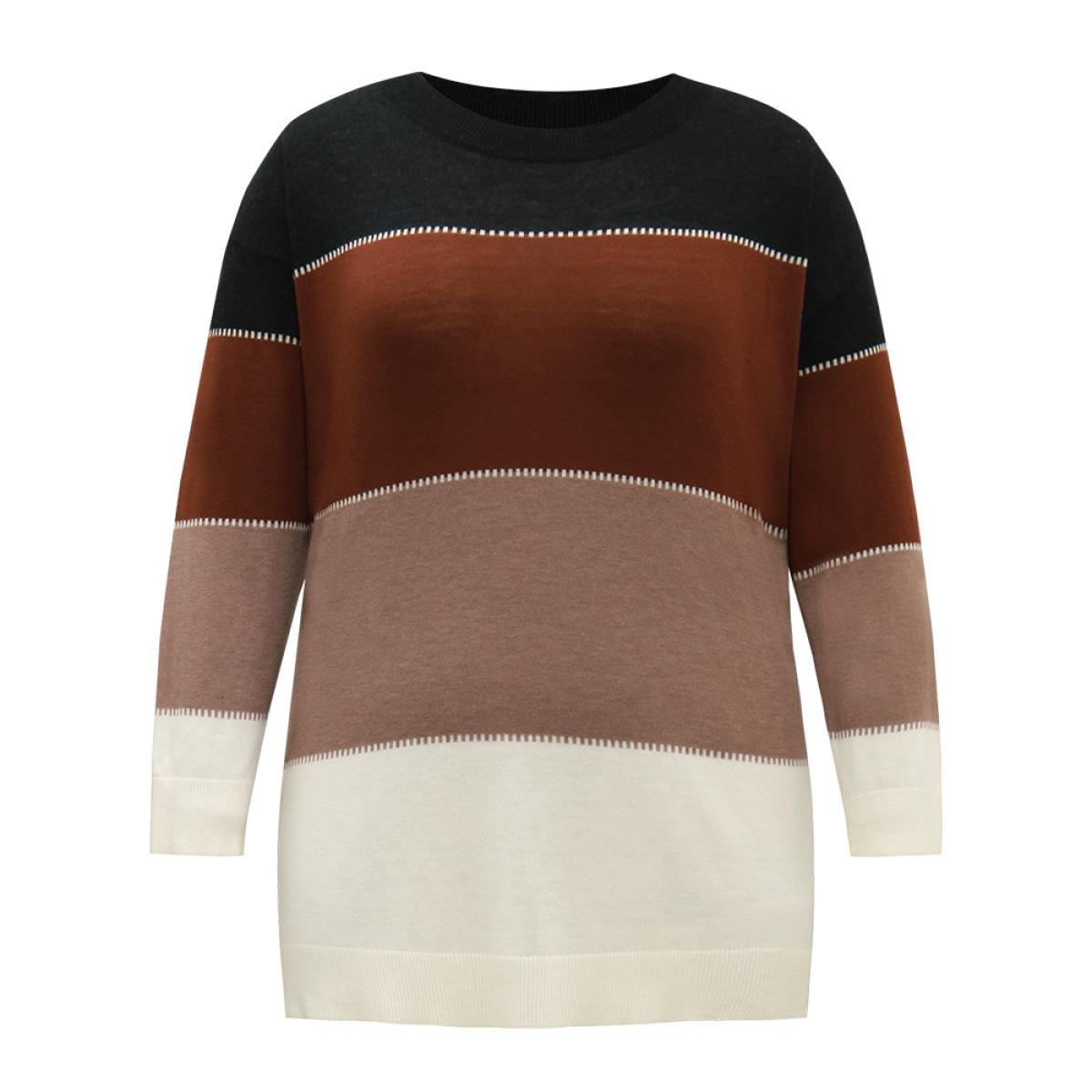 Plus Size Supersoft Essentials Colorblock Contrast Round Neck Pullover Multicolor Women Casual Loose Long Sleeve Round Neck Everyday Pullovers BloomChic 18-20/2X Product Image