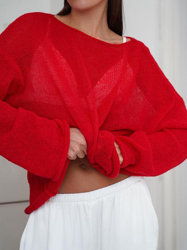 Long Sleeves Loose See-Through Solid Color Split-Joint Round-Neck Sweater Tops Product Image