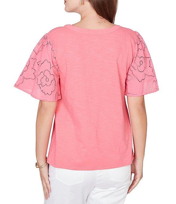 Ruby Rd. Cotton Jersey Knit Split V-Neck Short Eyelet Sleeve Top Product Image