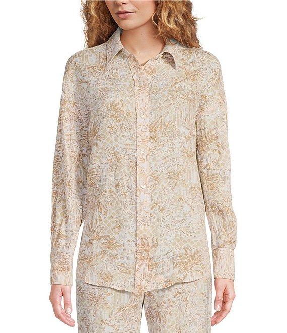 Lilly Pulitzer Stevey Relax Woven Linen Sand Bar Palm Beach Print Point Collar Long Sleeve Button Down Coordinating Shirt Product Image