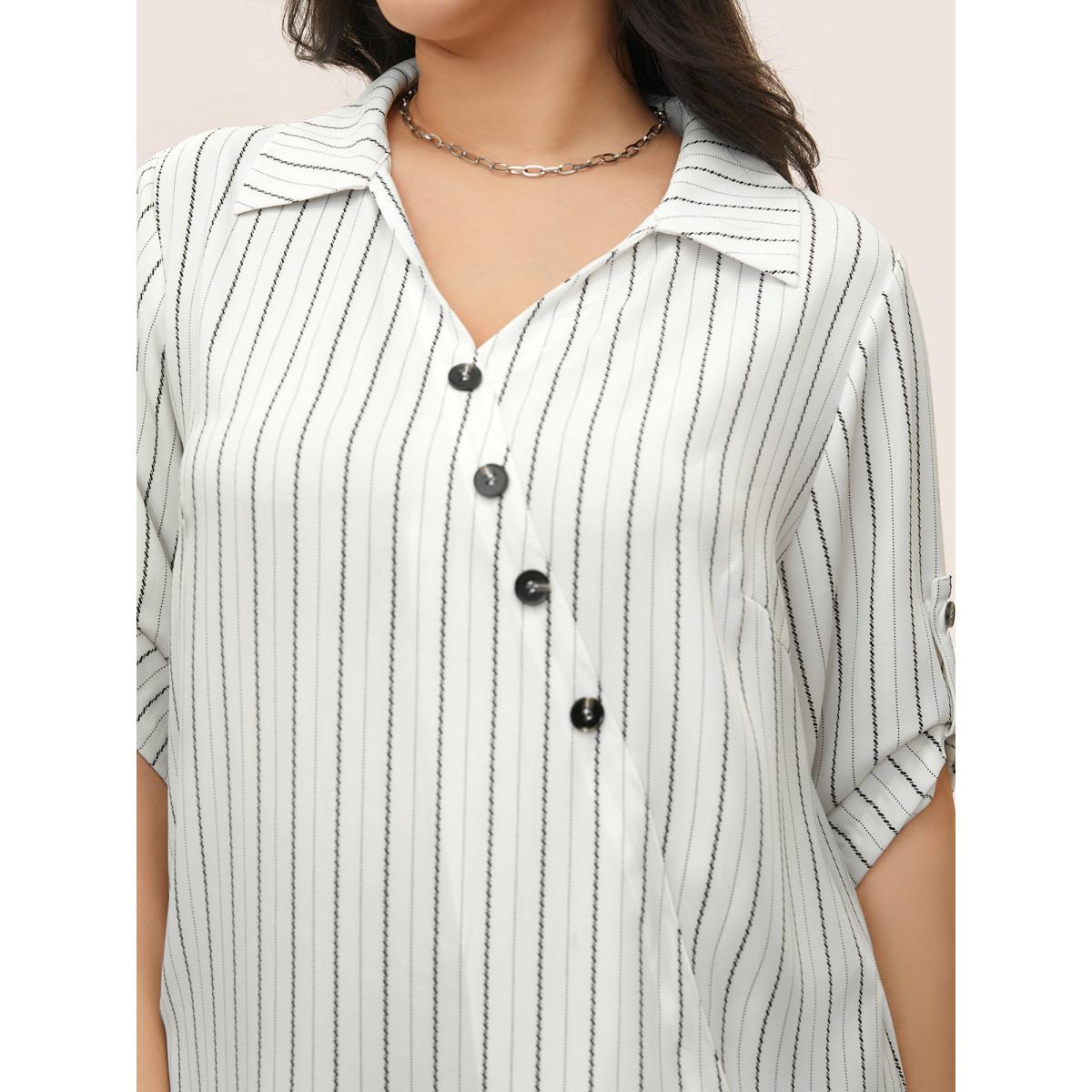 Plus Size White Striped Button Detail Asymmetrical Hem Blouse Women At the Office Elbow-length sleeve Shirt collar Work Blouses BloomChic 14-16/1X Product Image