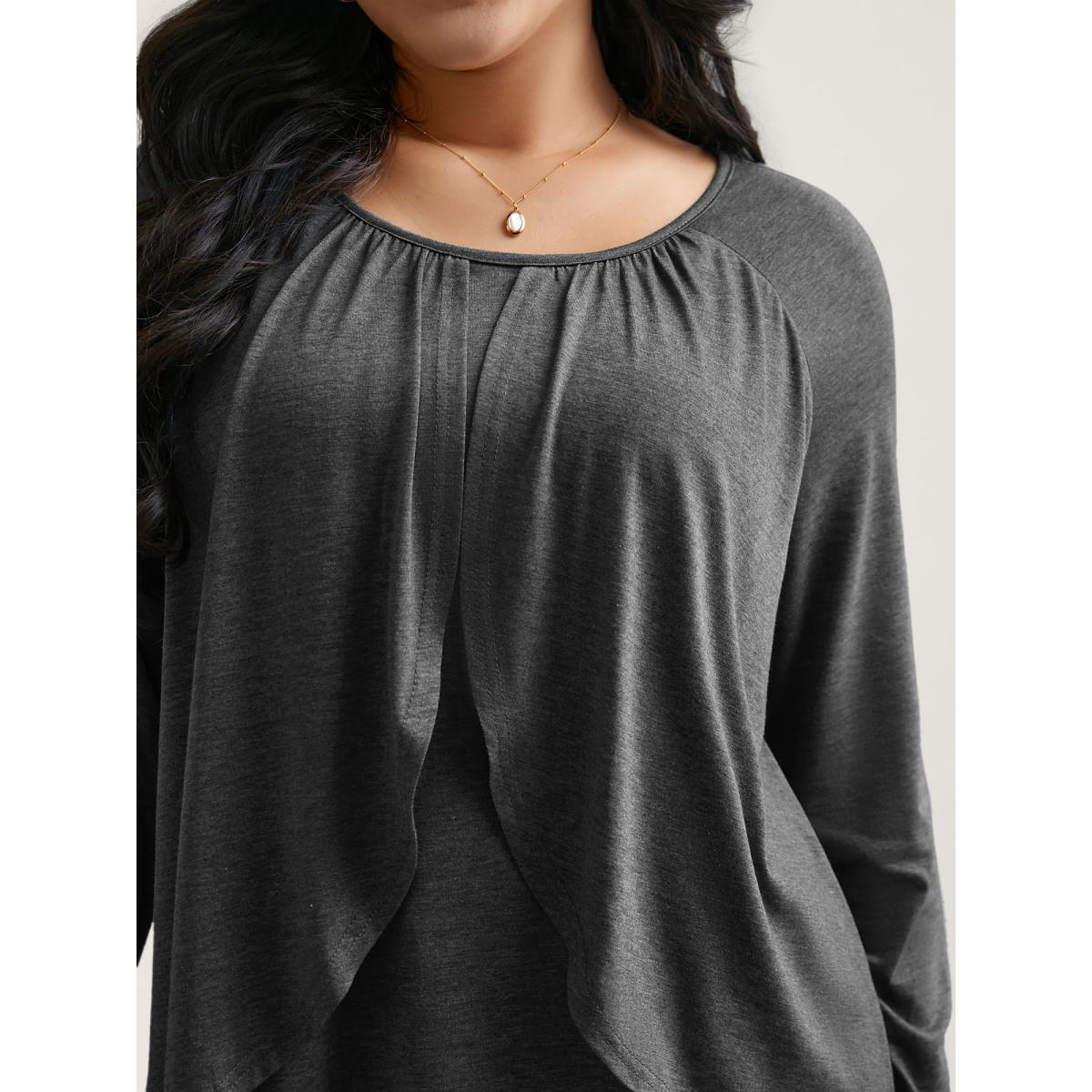 Plus Size 2-In-1 Gathered Ruffle Trim T-Shirt DarkGray Women Timeless Gathered Round Neck Elegant T-shirts BloomChic 14-16/1X Product Image