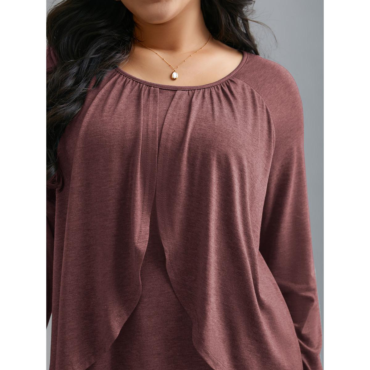 Plus Size 2-In-1 Gathered Ruffle Trim T-Shirt Deepred Women Elegant Gathered Round Neck Everyday T-shirts BloomChic 28/5X Product Image